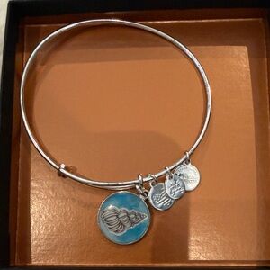 Alex and Ani Silver Bracelet with Conch Shell Blue and Silver Charms